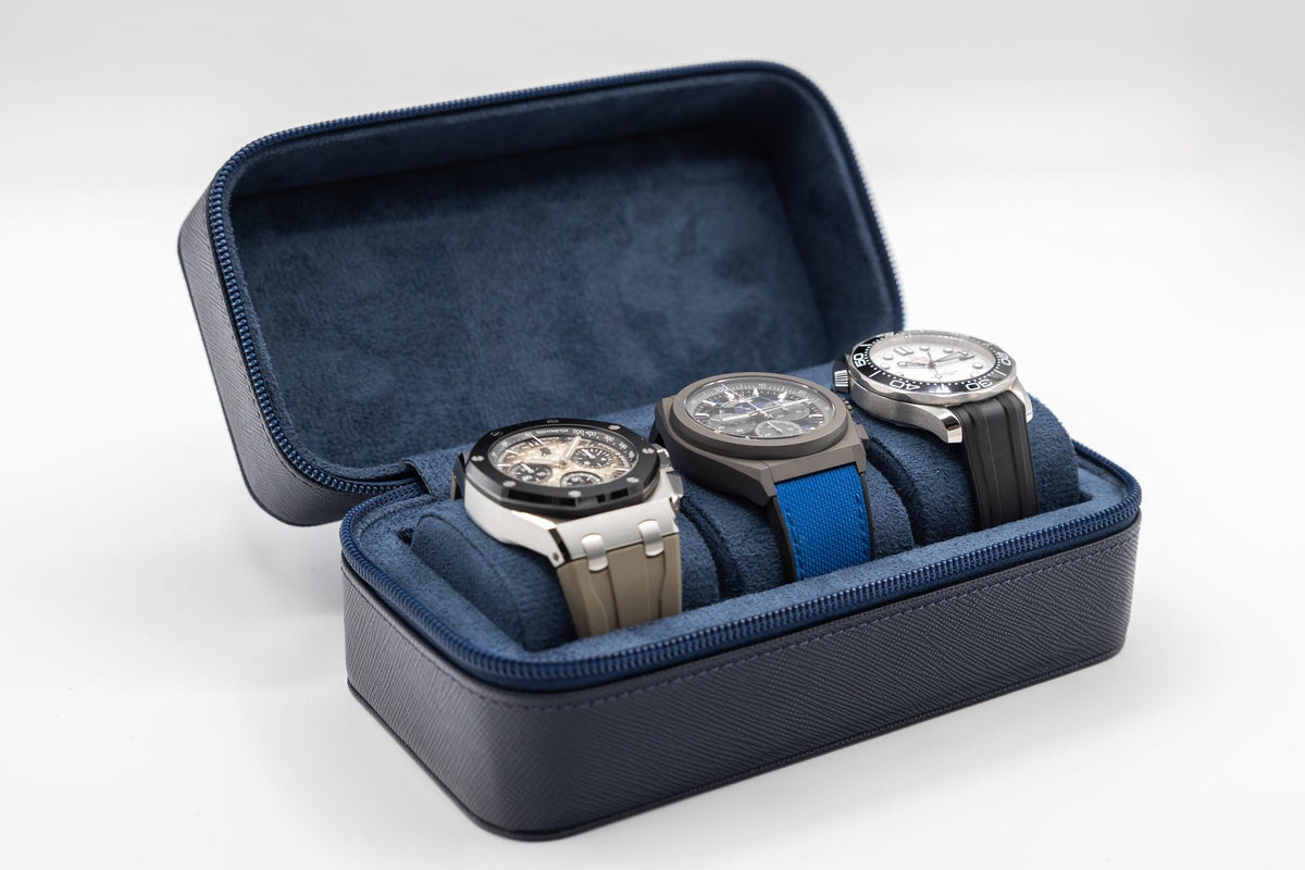 Trio — 3 Watch Case — Navy saffiano, open with watches