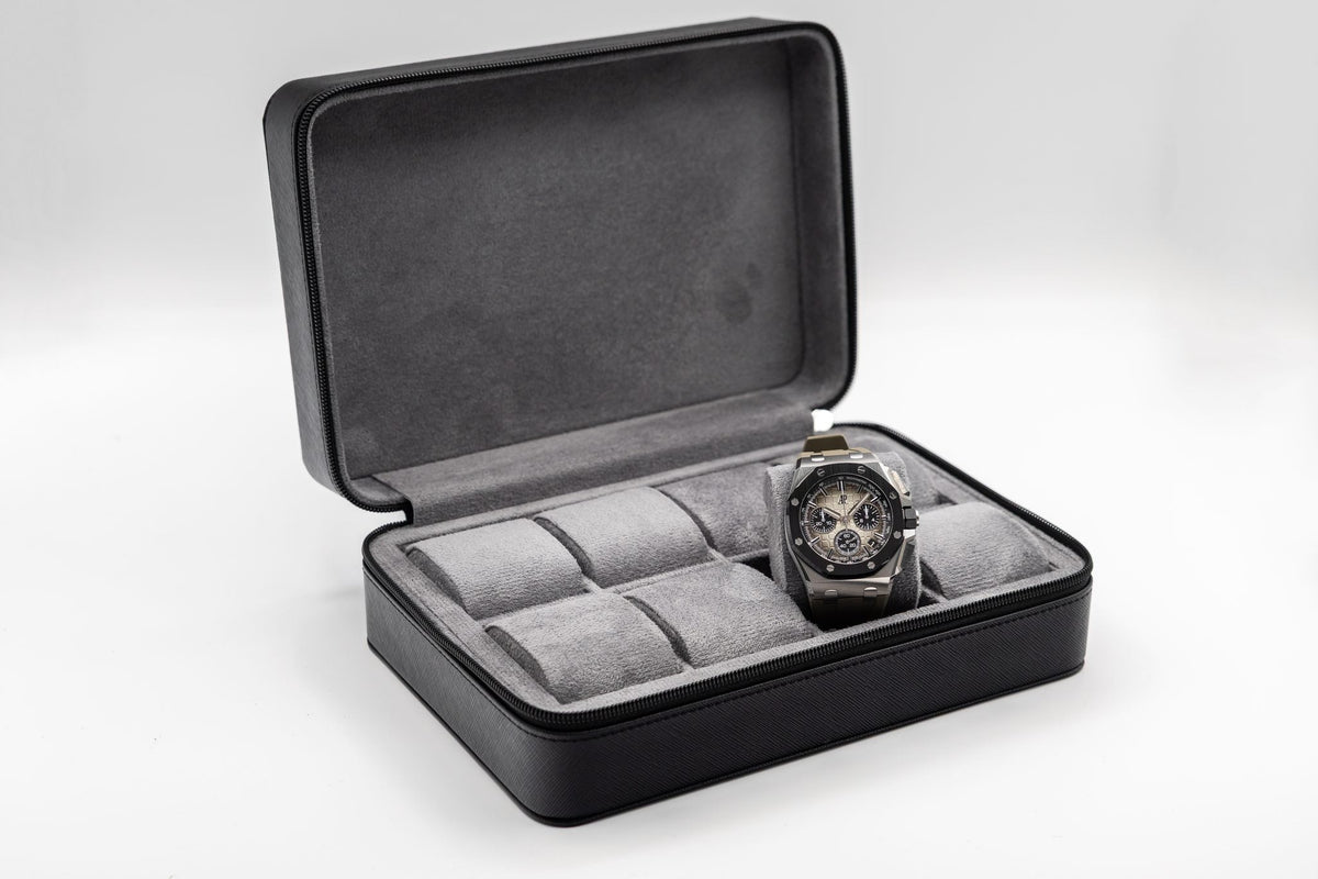 Collector — 8 Watch Case — Nero saffiano, open with watches