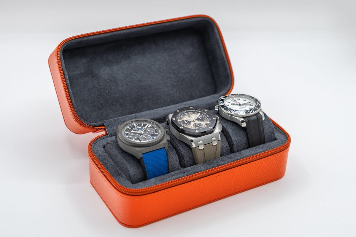 Trio — 3 Watch Case — Arancio saffiano, open with watches