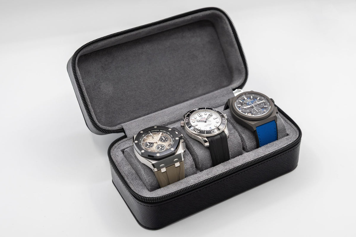 Trio — 3 Watch Case — Nero saffiano, open with watches